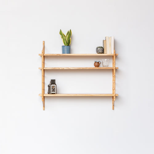 wall hung wooden shelving by John Eadon with shelves holding plants and books