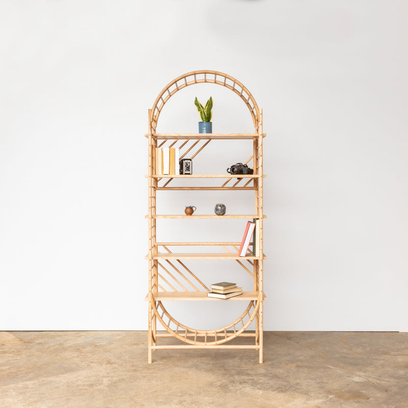 arched freestanding wooden ladder shelving by John Eadon single unit set