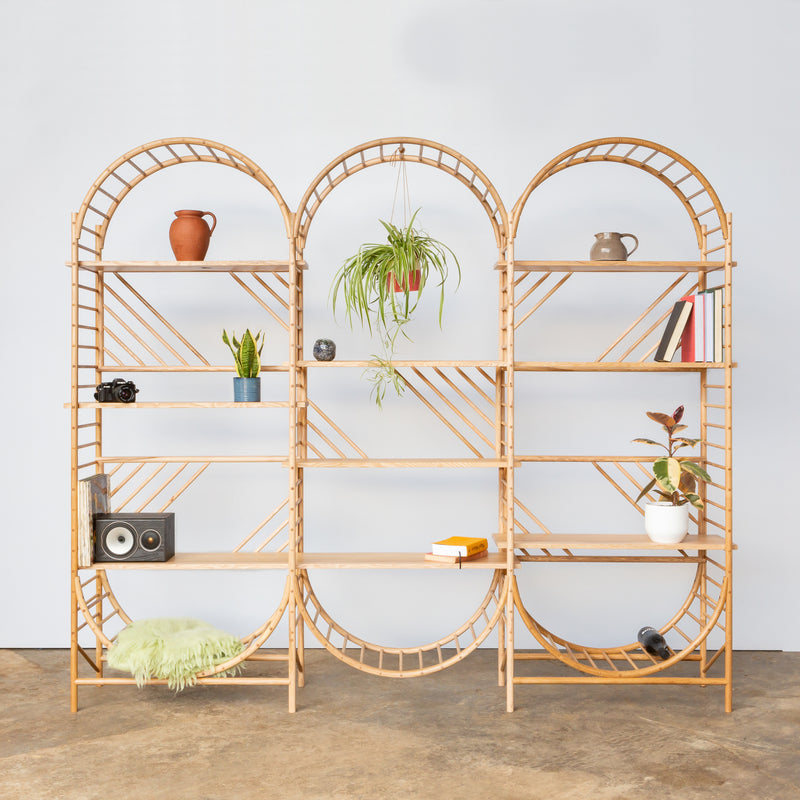 arched freestanding wooden ladder shelving by John Eadon triple unit set