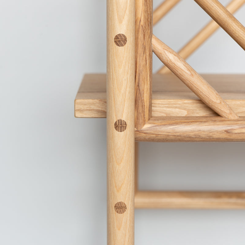 freestanding wooden ladder shelving by John Eadon panel detail