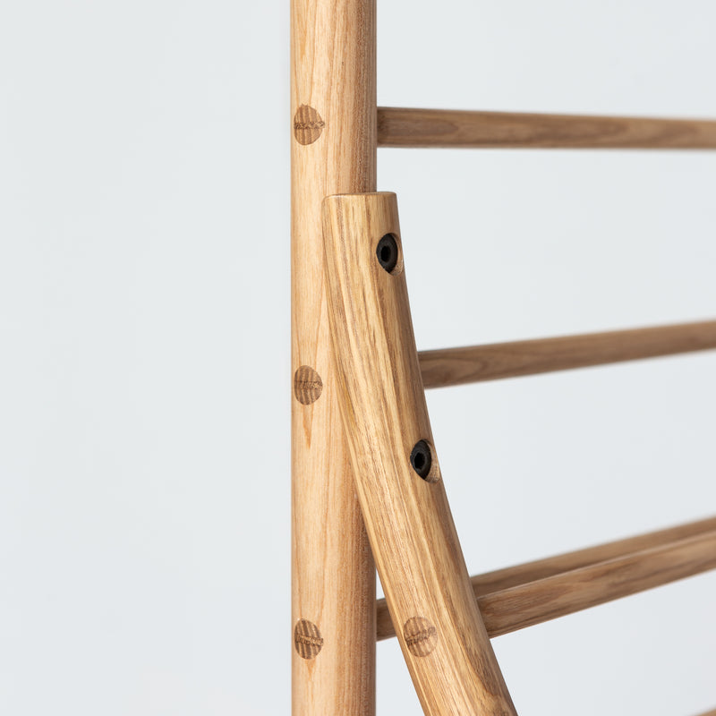freestanding wooden ladder shelving by John Eadon arch connection detail