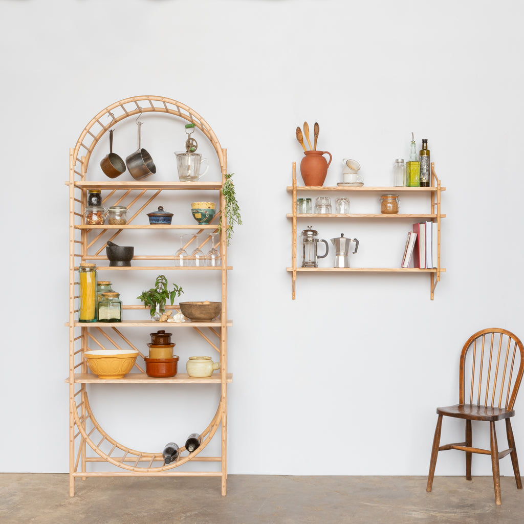 wall hung wooden ladder shelves with freestanding wooden ladder shelves by John Eadon